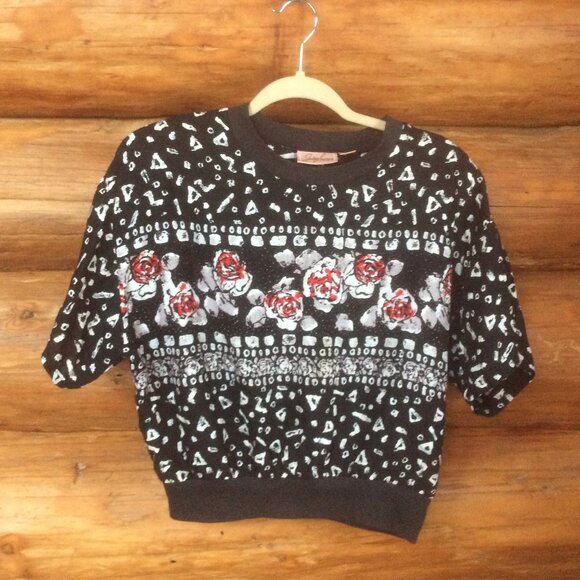 Vintage 80s Jaclyn Smith Grunge Black & White with Roses Cropped Goth To… - Picture 1 of 3